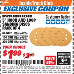 Harbor Freight ITC Coupon 5" HOOK AND LOOP SANDING DISKS PACK OF 4 Lot No. 69957/69958/69953 Expired: 11/30/18 - $1.99
