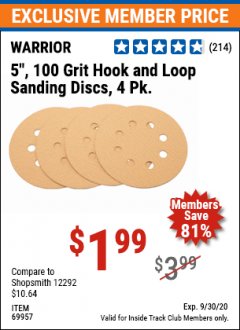 Harbor Freight ITC Coupon 5" HOOK AND LOOP SANDING DISKS PACK OF 4 Lot No. 69957/69958/69953 Expired: 9/30/20 - $1.99