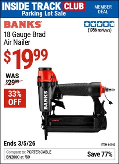Harbor Freight ITC Coupon BANKS 18 GAUGE BRAD AIR NAILER Lot No. 64140 Expired: 3/5/26 - $19.99