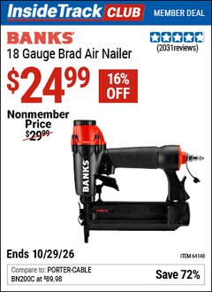 Harbor Freight ITC Coupon BANKS 18 GAUGE BRAD AIR NAILER Lot No. 64140 Dates Valid: 12/31/69 - 10/29/26 - $24.99