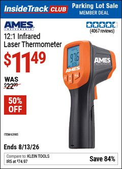Harbor Freight ITC Coupon AMES INSTRUMENTS 12:1 INFRARED LASER THERMOMETER Lot No. 63985 Expired: 8/13/26 - $11.49