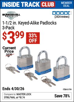 Harbor Freight ITC Coupon BUNKER HILL SECURITY 1-1/2 IN. KEYED-ALIKE PADLOCKS, 3-PACK Lot No. 61799 Valid Thru: 4/30/26 - $3.99
