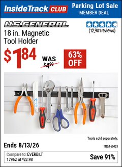 Harbor Freight ITC Coupon U.S. GENERAL 18 IN. MAGNETIC TOOL HOLDER Lot No. 60433/61199 Expired: 8/13/26 - $1.84