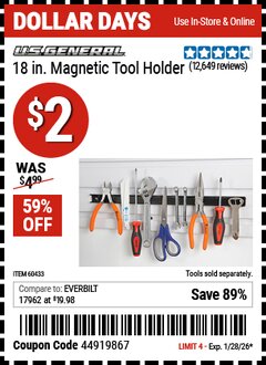 Harbor Freight Coupon U.S. GENERAL 18 IN. MAGNETIC TOOL HOLDER Lot No. 60433/61199 Valid Thru: 1/28/26 - $2