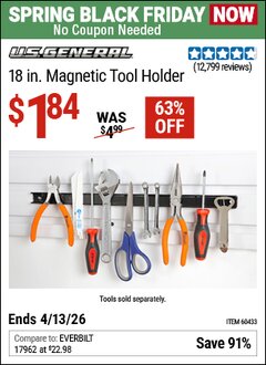 Harbor Freight Coupon U.S. GENERAL 18 IN. MAGNETIC TOOL HOLDER Lot No. 60433/61199 Expired: 4/12/26 - $1.84