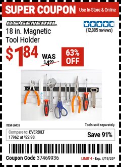 Harbor Freight Coupon U.S. GENERAL 18 IN. MAGNETIC TOOL HOLDER Lot No. 60433/61199 Expired: 4/19/26 - $1.84