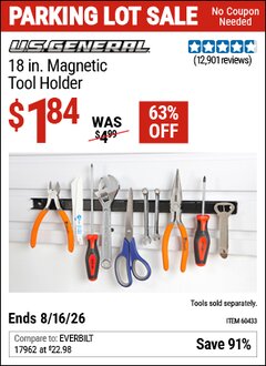 Harbor Freight Coupon U.S. GENERAL 18 IN. MAGNETIC TOOL HOLDER Lot No. 60433/61199 Expired: 8/16/26 - $1.84
