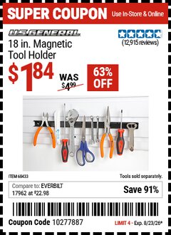 Harbor Freight Coupon U.S. GENERAL 18 IN. MAGNETIC TOOL HOLDER Lot No. 60433/61199 Expired: 8/23/26 - $1.84