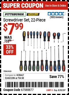 Harbor Freight Coupon PITTSBURGH SCREWDRIVER SET, 22-PIECE Lot No. 69420 EXPIRES: 8/30/26 - $7.99