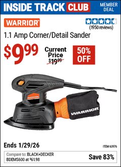 Harbor Freight ITC Coupon WARRIOR 1.1 AMP CORNER/DETAIL SANDER Lot No. 63976 Dates Valid: 12/31/69 - 1/29/26 - $9.99