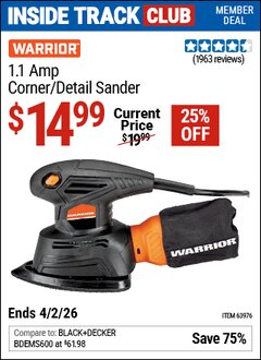 Harbor Freight Coupon WARRIOR 1.1 AMP CORNER/DETAIL SANDER Lot No. 63976 Valid: 12/31/69 - 4/2/26 - $14.99
