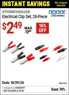 Harbor Freight Coupon STOREHOUSE ELECTRICAL CLIP SET, 28-PIECE Lot No. 67589 EXPIRES: 10/29/26 - $2.49