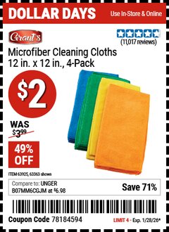 Harbor Freight Coupon GRANT'S MICROFIBER CLEANING CLOTHS 12 IN. X 12 IN., 4-PACK Lot No. 63363/63358/63925 Valid Thru: 1/28/26 - $2
