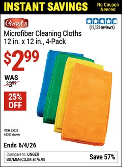 Harbor Freight Coupon GRANT'S MICROFIBER CLEANING CLOTHS 12 IN. X 12 IN., 4-PACK Lot No. 63363/63358/63925 Valid Thru: 6/4/26 - $2.99