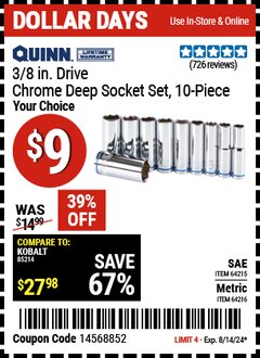 Harbor Freight Coupon QUINN 10 PIECE, 3/8" DRIVE CHROME DEEP SOCKET SETS Lot No. 64215/64232/64216/64217 Expired: 8/14/24 - $0.09