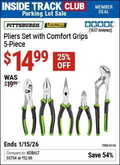 Harbor Freight ITC Coupon PITTSBURGH PLIERS SET WITH COMFORT GRIPS, 5-PIECE Lot No. 64136 Dates Valid: 12/31/69 - 1/15/26 - $14.99