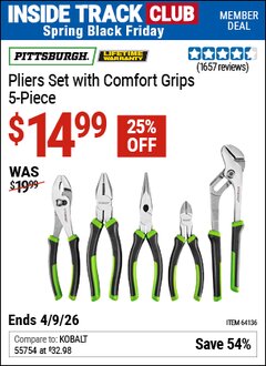 Harbor Freight ITC Coupon PITTSBURGH PLIERS SET WITH COMFORT GRIPS, 5-PIECE Lot No. 64136 Expired: 4/9/26 - $14.99