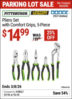 Harbor Freight Coupon PITTSBURGH PLIERS SET WITH COMFORT GRIPS, 5-PIECE Lot No. 64136 Expired: 3/8/26 - $14.99