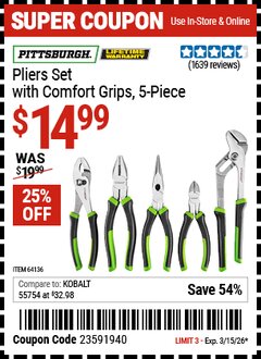 Harbor Freight Coupon PITTSBURGH PLIERS SET WITH COMFORT GRIPS, 5-PIECE Lot No. 64136 Valid Thru: 3/15/26 - $14.99