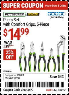 Harbor Freight Coupon PITTSBURGH PLIERS SET WITH COMFORT GRIPS, 5-PIECE Lot No. 64136 Valid Thru: 4/19/26 - $14.99