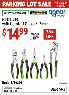 Harbor Freight Coupon PITTSBURGH PLIERS SET WITH COMFORT GRIPS, 5-PIECE Lot No. 64136 Expired: 8/16/26 - $14.99