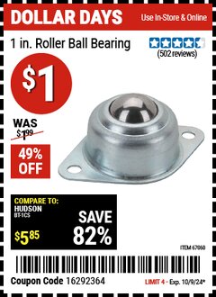 Harbor Freight Coupon 1 IN. ROLLER BALL BEARING Lot No. 67060 Expired: 10/9/24 - $1