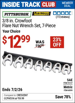 Harbor Freight Coupon PITTSBURGH 3/8 IN. CROWFOOT FLARE NUT WRENCH SET, 7-PIECE Lot No. 68999/93137 Valid: 12/31/69 - 7/2/26 - $12.99