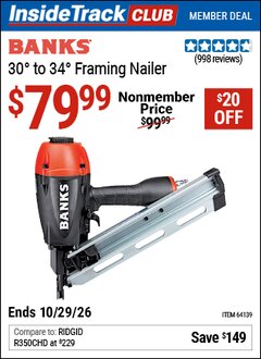 Harbor Freight ITC Coupon BANKS 30&deg; TO 34&deg; FRAMING NAILER Lot No. 64139 Dates Valid: 12/31/69 - 10/29/26 - $79.99