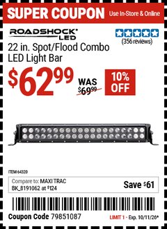 Harbor Freight Coupon ROADSHOCK 22 IN. SPOT/FLOOD COMBO LED LIGHT BAR Lot No. 64320 Expired: 10/11/26 - $62.99