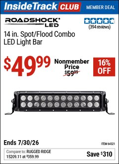Harbor Freight ITC Coupon ROADSHOCK 14 IN. SPOT/FLOOD COMBO LED LIGHT BAR Lot No. 64321 Dates Valid: 12/31/69 - 7/30/26 - $49.99
