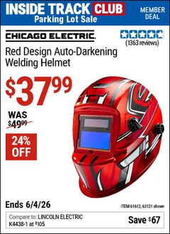 Harbor Freight ITC Coupon CHICAGO ELECTRIC RED DESIGN AUTO-DARKENING WELDING HELMET Lot No. 63121/61612 Expired: 6/4/26 - $37.99