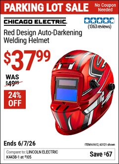 Harbor Freight Coupon CHICAGO ELECTRIC RED DESIGN AUTO-DARKENING WELDING HELMET Lot No. 63121/61612 Valid Thru: 6/7/26 - $37.99