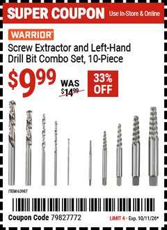 Harbor Freight Coupon WARRIOR SCREW EXTRACTOR AND LEFT-HAND DRILL BIT COMBO SET, 10-PIECE Lot No. 63987 Valid Thru: 10/11/26 - $9.99