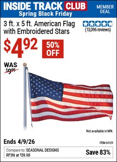 Harbor Freight ITC Coupon 3 FT. X 5 FT. AMERICAN FLAG WITH EMBROIDERED STARS Lot No. 61716/96723/64128/64129/64131 Expired: 4/9/26 - $4.92