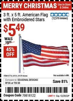 Harbor Freight Coupon 3 FT. X 5 FT. AMERICAN FLAG WITH EMBROIDERED STARS Lot No. 61716/96723/64128/64129/64131 Expired: 12/29/24 - $5.49