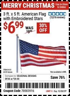 Harbor Freight Coupon 3 FT. X 5 FT. AMERICAN FLAG WITH EMBROIDERED STARS Lot No. 61716/96723/64128/64129/64131 Expired: 12/28/25 - $6.99