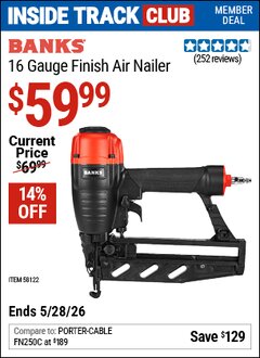 Harbor Freight ITC Coupon BANKS 16 GAUGE FINISH AIR NAILER Lot No. 64137 Expired: 5/28/26 - $59.99