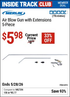 Harbor Freight ITC Coupon MERLIN AIR BLOW GUN WITH EXTENSIONS, 5-PIECE Lot No. 63574 Valid Thru: 5/28/26 - $5.98