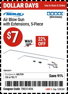 Harbor Freight Coupon MERLIN AIR BLOW GUN WITH EXTENSIONS, 5-PIECE Lot No. 63574 Valid Thru: 7/29/26 - $7