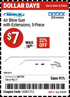 Harbor Freight Coupon MERLIN AIR BLOW GUN WITH EXTENSIONS, 5-PIECE Lot No. 63574 EXPIRES: 9/9/26 - $7