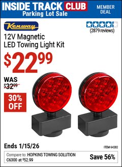 Harbor Freight ITC Coupon KENWAY 12V MAGNETIC LED TOWING LIGHT KIT Lot No. 64282 Dates Valid: 12/31/69 - 1/15/26 - $22.99