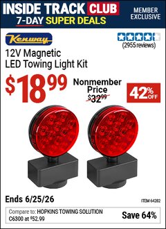 Harbor Freight ITC Coupon KENWAY 12V MAGNETIC LED TOWING LIGHT KIT Lot No. 64282 Expired: 6/25/26 - $18.99