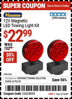 Harbor Freight Coupon KENWAY 12V MAGNETIC LED TOWING LIGHT KIT Lot No. 64282 Valid Thru: 3/15/26 - $22.99