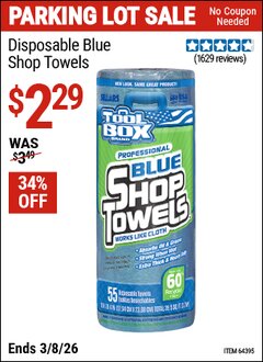 Harbor Freight Coupon TOOLBOX DISPOSABLE BLUE SHOP TOWELS Lot No. 64395 Expired: 3/8/26 - $2.29