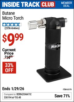 Harbor Freight ITC Coupon BUTANE MICRO TORCH Lot No. 63170 Dates Valid: 12/31/69 - 1/29/26 - $9.99