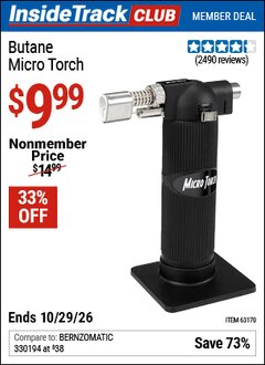 Harbor Freight ITC Coupon BUTANE MICRO TORCH Lot No. 63170 Dates Valid: 12/31/69 - 10/29/26 - $9.99