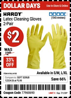 Harbor Freight Coupon HARDY LATEX CLEANING GLOVES, 2-PAIR Lot No. 64183/64184 Expired: 7/1/26 - $2