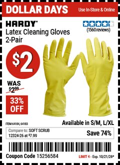 Harbor Freight Coupon HARDY LATEX CLEANING GLOVES, 2-PAIR Lot No. 64183/64184 EXPIRES: 10/21/26 - $2