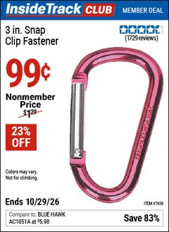 Harbor Freight ITC Coupon 3 IN. SNAP CLIP FASTENER Lot No. 47658 Dates Valid: 12/31/69 - 10/29/26 - $0.99