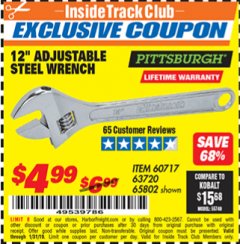 Harbor Freight ITC Coupon 12" ADJUSTABLE STEEL WRENCH LOT# 60717 / 63720 / 65802 Lot No. 60717/63720/65802 Expired: 1/31/19 - $4.99